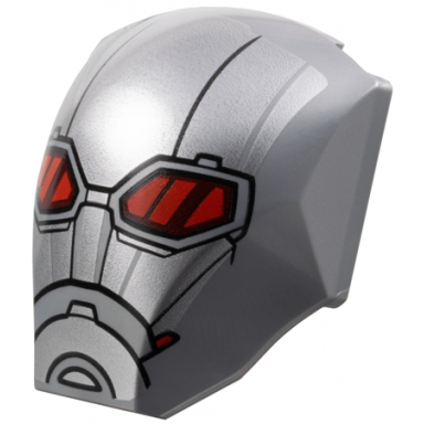 flat silver large figure armor smooth with 2 x 2 round brick attachment with silver armor plates glasses with red lenses and dark red reflections black lines on forehead ant-man head