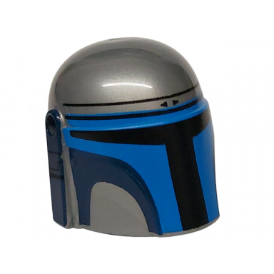 flat silver minifigure headgear helmet with holes sw mandalorian with blue and dark blue visor and black detail lines on right side pattern