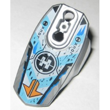 flat silver hero factory armor with ball joint socket - size 5 with orange arrows blue and white chevrons and hero factory logo pattern