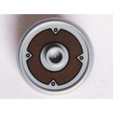 flat silver minifigure shield circular rimmed face with stud with dark brown ring and 4 rivets pattern