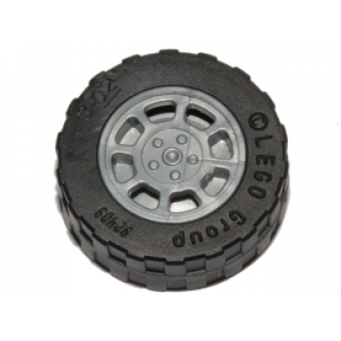 flat silver wheel 11mm d x 6mm with 8 spokes with black tire 17.5mm d x 6mm with shallow staggered treads - band around center of tread 93593 92409