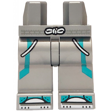 flat silver hips and legs with dark turquoise stripes and shoes with stitching black and white tied belt pockets and soles pattern
