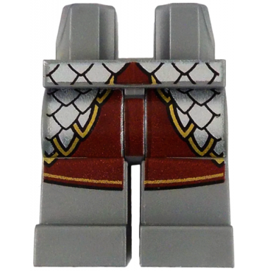 hips and legs with silver armor over dark red surcoat with gold trim pattern