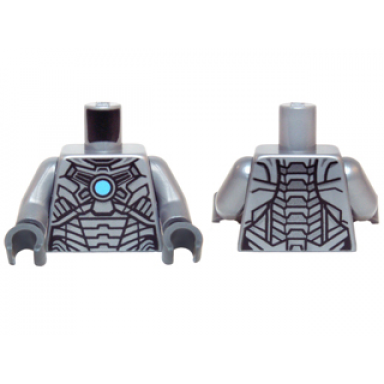 flat silver torso armor with black and silver panels and medium blue circle pattern flat silver arms dark bluish gray hands