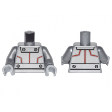 flat silver torso silver robot panels with red lines and black rivets pattern flat silver arms light bluish gray hands