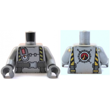 flat silver torso safety suit with gauge black and yellow straps and gray belt with silver clasp pattern flat silver arms dark bluish gray hands