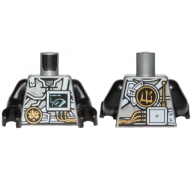 flat silver torso ninjago armor with silver armor plates golden dragon emblem screen and circuits pattern black arms black hands