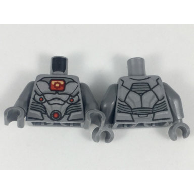 flat silver torso plate armor red and orange window with cyborg cog red and orange lights pattern dark bluish gray arms dark bluish gray hands