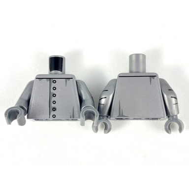 flat silver torso silver paint rivets dark bluish gray smudges pattern flat silver arms with elbow joint panels dark bluish gray hands