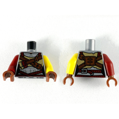 flat silver torso female muscles outline reddish brown cross straps dark red belt pattern yellow arm left dark red arm right reddish brown hands