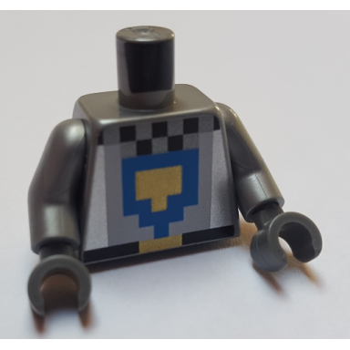 flat silver torso pixelated black and flat silver with blue and pearl gold shield pattern flat silver arms dark bluish gray hands