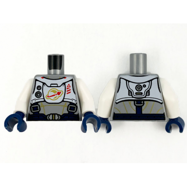 flat silver torso spacesuit with gold lines dark blue harness with silver buckles and white panel with classic space logo pattern white arms dark blue hands