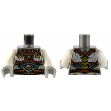 flat silver torso armor with red and gold plates white clouds and silver dragon head pattern white arms light bluish gray hands