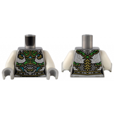 flat silver torso female armor with bright green and gold plates white clouds and silver dragon head pattern white arms light bluish gray hands