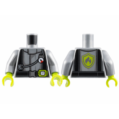 flat silver torso fire jacket with gauge black harness and belt with lime buckle pattern flat silver arms lime hands