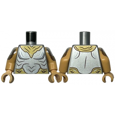 flat silver torso silver bare chest with muscle contours and gold armor pattern medium tan arms with silver shoulders and gold armor pattern medium tan hands