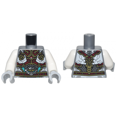 flat silver torso armor with dark red and gold plates white clouds and silver dragon head pattern white arms light bluish gray hands