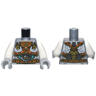 flat silver torso armor with orange and gold plates white clouds and silver dragon head pattern white arms light bluish gray hands