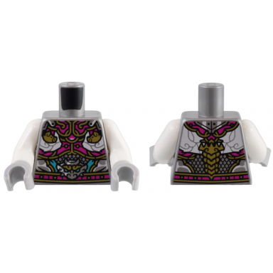 flat silver torso armor with magenta and gold plates pig heads white clouds and silver dragon head pattern white arms light bluish gray hands