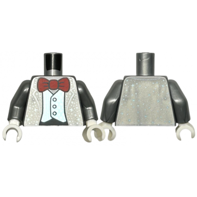flat silver torso tuxedo jacket open with metallic light blue stars and dots over vest and white shirt red bow tie black stomach pattern flat silver arms white hands