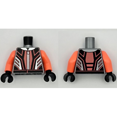 flat silver torso racing suit black panels coral lines and hem silver collar and zipper pattern coral arms black hands