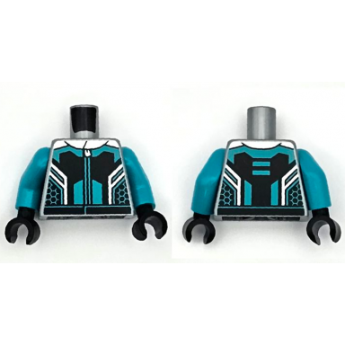 flat silver torso racing suit black panels dark turquoise lines and hem silver collar and zipper pattern dark turquoise arms black hands