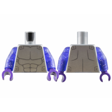 flat silver torso silver armor with dark bluish gray muscles outline pattern glitter trans-purple arms dark purple hands