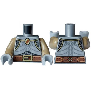 flat silver torso armor breast plate with gold trim over silver chain mail brooch reddish brown belt with buckle straps and ring on back pattern dark tan arms light bluish gray hands
