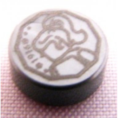 flat silver tile round 1 x 1 with female minifigure silhouette head and shoulders and 1916 in decagon coin pattern