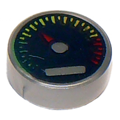 flat silver tile round 1 x 1 with black gauge with red pointer and green yellow and red tick marks pattern