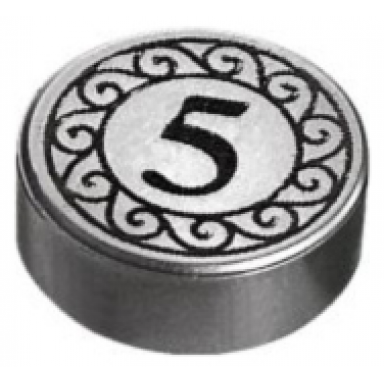 flat silver tile round 1 x 1 with black number 5 coin pattern
