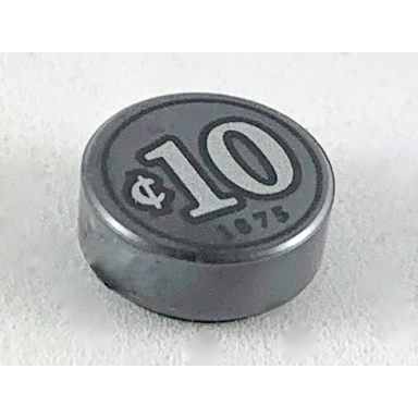 flat silver tile round 1 x 1 with silver coin money with cent symbol 10 and 1875 pattern