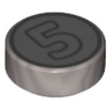 flat silver tile round 1 x 1 with dark bluish gray outlined number 5 on silver background coin pattern