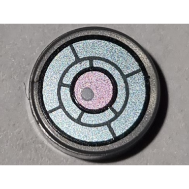 flat silver tile round 1 x 1 with black dark bluish gray and metallic light blue x-ray goggles with metallic pink eye and white glint pattern