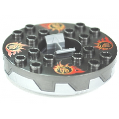 flat silver turntable 6 x 6 x 1 1 3 round base serrated with pearl dark gray top and gold red and black pattern ninjago spinner