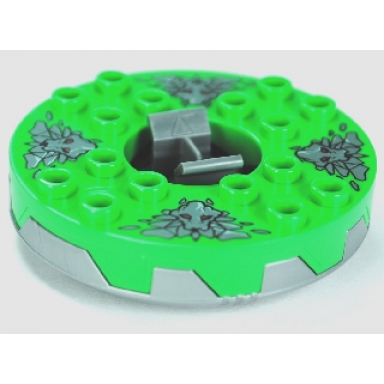 flat silver turntable 6 x 6 x 1 1 3 round base serrated with bright green top and dark bluish gray stone heads pattern ninjago spinner