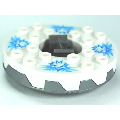 flat silver turntable 6 x 6 x 1 1 3 round base serrated with white top and white heads on medium blue ice shards pattern ninjago spinner