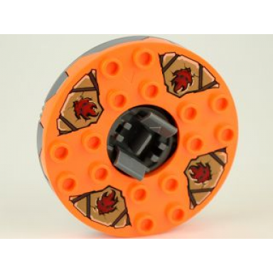 flat silver turntable 6 x 6 x 1 1 3 round base serrated with orange top and dark red faces on dark tan and dark gray pattern ninjago spinner