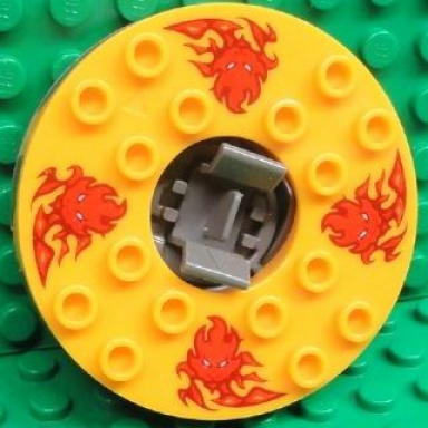 flat silver turntable 6 x 6 x 1 1 3 round base serrated with bright light orange top and red flames and lion heads pattern ninjago spinner