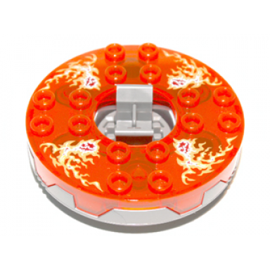 flat silver turntable 6 x 6 x 1 1 3 round base serrated with trans-neon orange top and fire energy pattern ninjago spinner