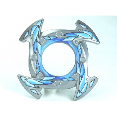 flat silver ring 4 x 4 with 2 x 2 hole and 4 arrow ends with blue and white ice shards pattern ninjago spinner crown
