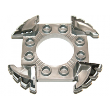 flat silver ring 4 x 4 with 2 x 2 hole and 4 serrated ends with black and white pattern ninjago spinner crown