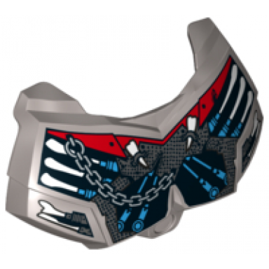 flat silver large figure chest armor small with 6 white bones dark azure pistons and silver chain on red and silver armor plating pattern