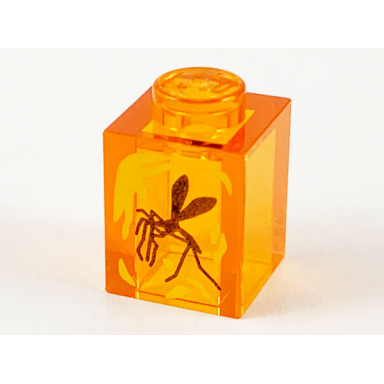 trans-orange brick 1 x 1 with yellow streaks and black mosquito in amber pattern