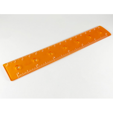 trans-orange clikits tool ruler 6in 16cm with 7 holes with white numbers and hash marks pattern