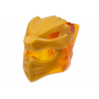 trans-orange minifigure headgear helmet with flames on back with molded pearl gold dragon face pattern