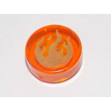 trans-orange tile round 1 x 1 with gold flames pattern