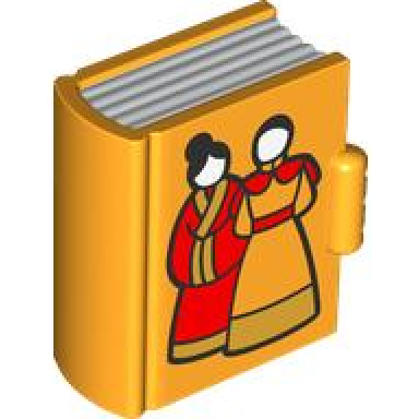 duplo utensil book with molded white pages and printed women with black hair and red and gold robes pattern