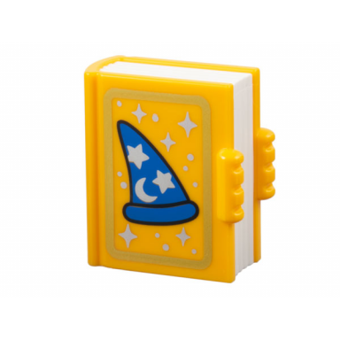 bright light orange duplo utensil book with molded white pages and printed blue wizard hat gold border silver crescent moon stars sparkles and dots pattern