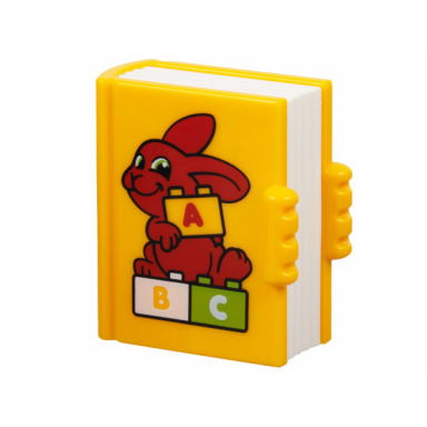 bright light orange duplo utensil book with molded white pages and printed red rabbit with bright light orange lime and white a b c alphabet bricks pattern